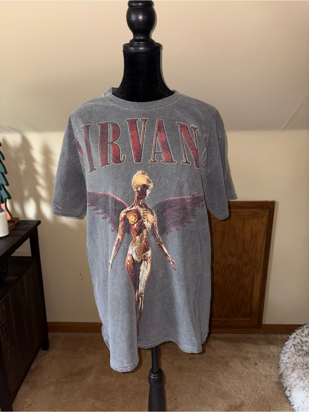 Urban Outfitters Grey Nirvana Angel Graphic Tee with Red Accents